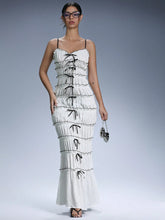 Aveloria Affinna Elegant Ripped Design Cake Skirt Women's Contrast Trim Spaghetti Strap Ruched Waist Bow Decor Bodycon Dress